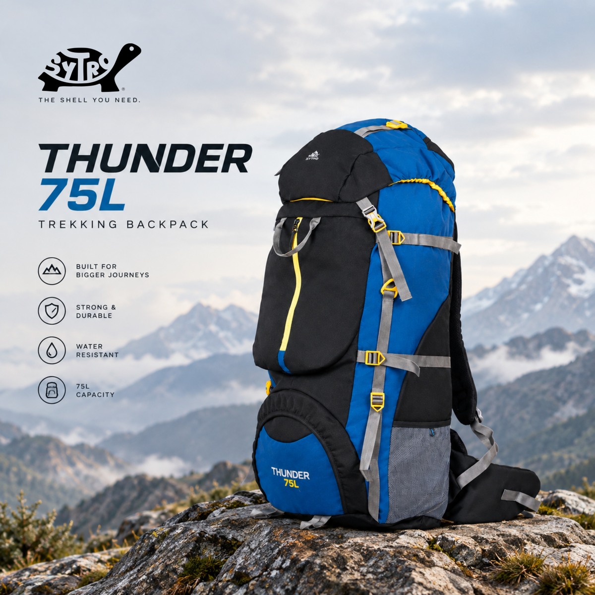 Thunder 75L Rucksack for Trekking &amp; Travel | Hiking Backpack with Rain Cover (black/teal blue)
