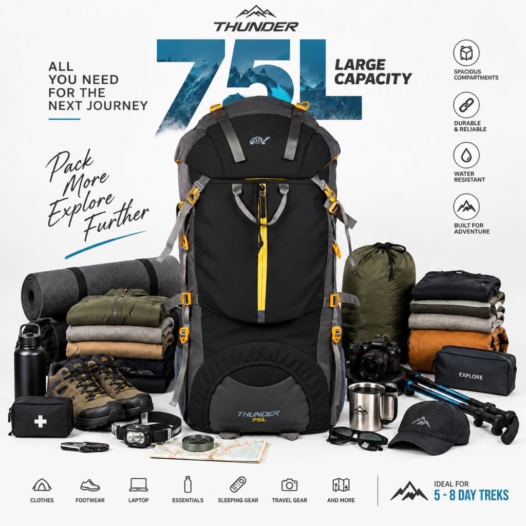 Thunder 75L Rucksack for Trekking & Travel | Hiking Backpack with Rain Cover ( gray/black)