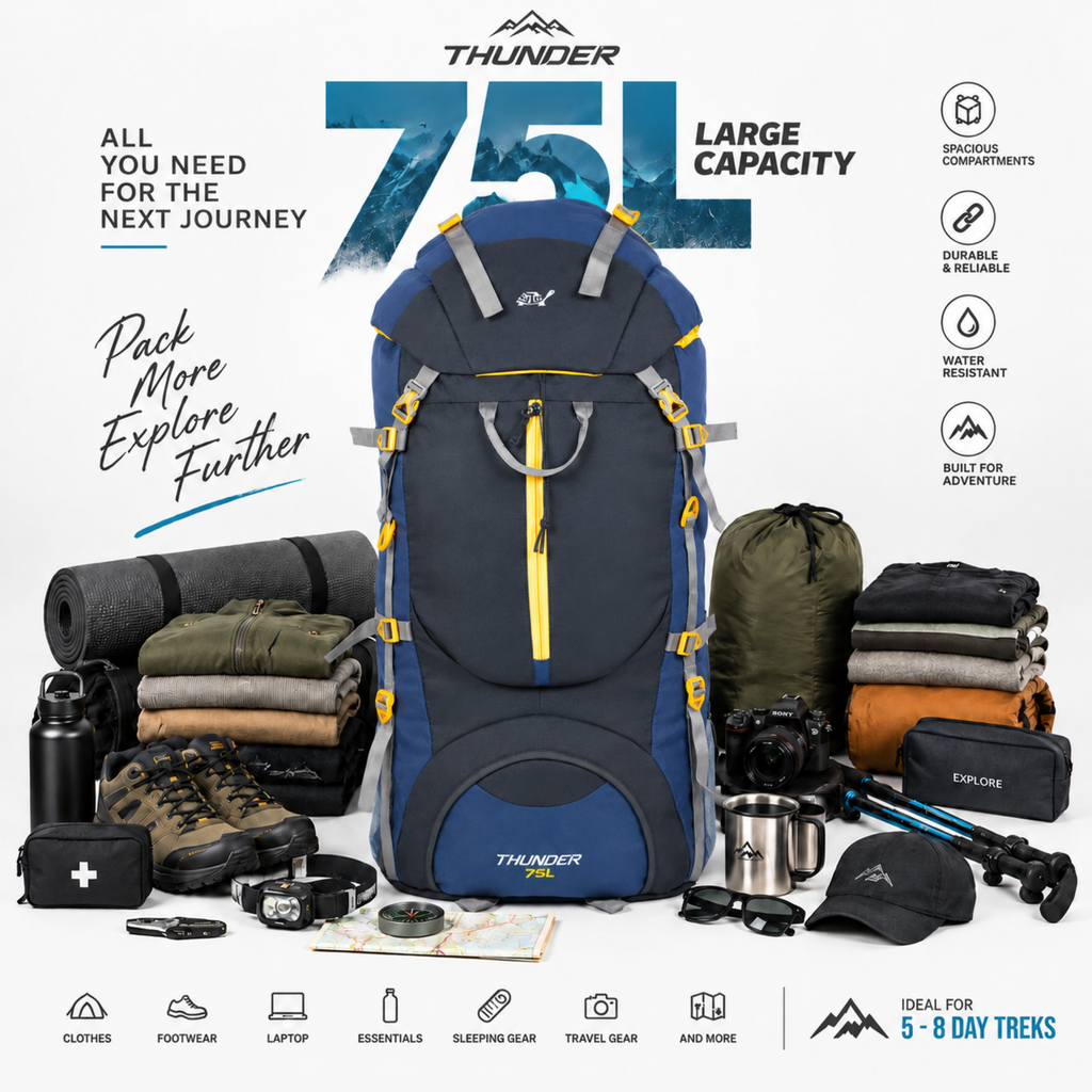 Thunder 75L Rucksack for Trekking & Travel | Hiking Backpack with Rain Cover (black/blue)