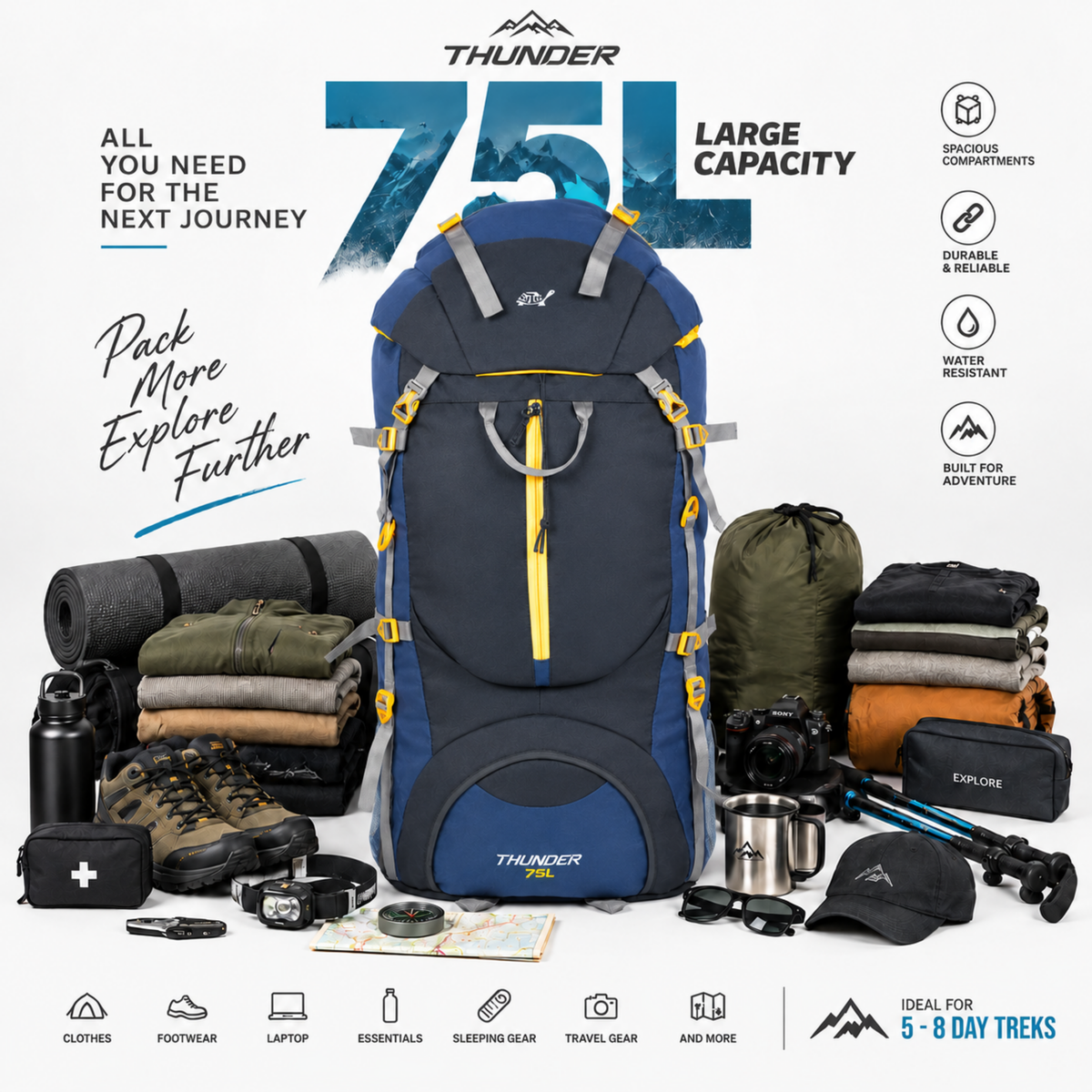 Thunder 75L Rucksack for Trekking & Travel | Hiking Backpack with Rain Cover (black/blue)