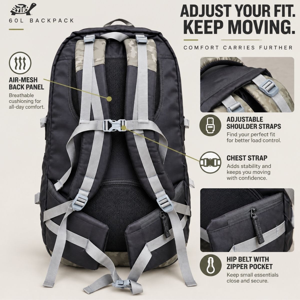 SYTRO Camo 60L Trekking & Travel Backpack with Laptop Sleeve, Water-Resistant