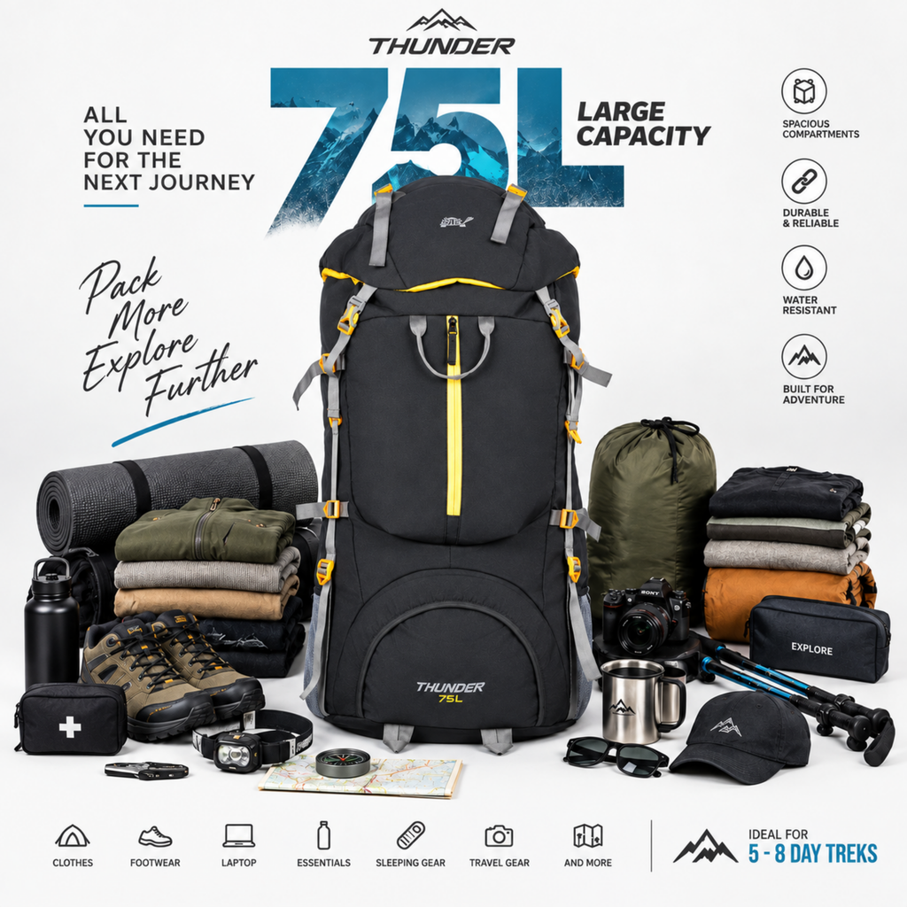 Thunder 75L Rucksack for Trekking & Travel | Hiking Backpack with Rain Cover (black)