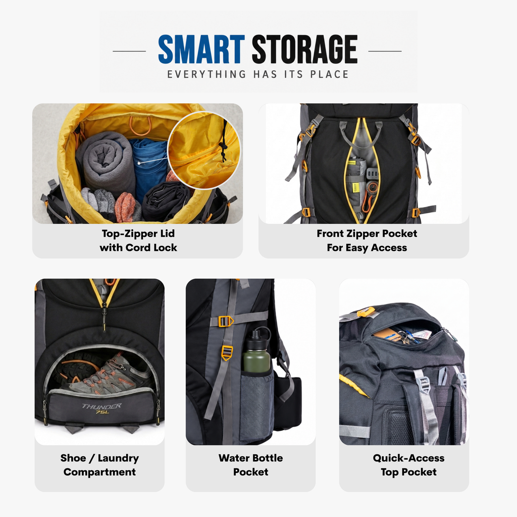 Thunder 75L Rucksack for Trekking & Travel | Hiking Backpack with Rain Cover ( gray/black)