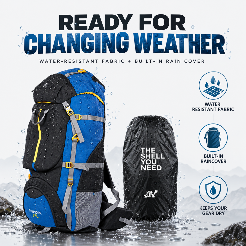 Thunder 75L Rucksack for Trekking &amp; Travel | Hiking Backpack with Rain Cover (black/teal blue)