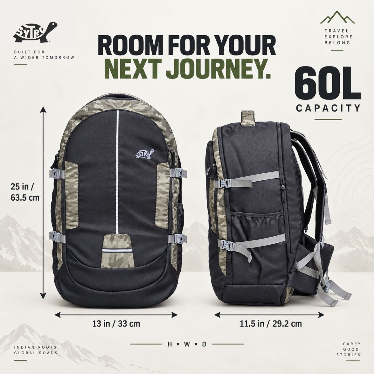 SYTRO Camo 60L Trekking & Travel Backpack with Laptop Sleeve, Water-Resistant