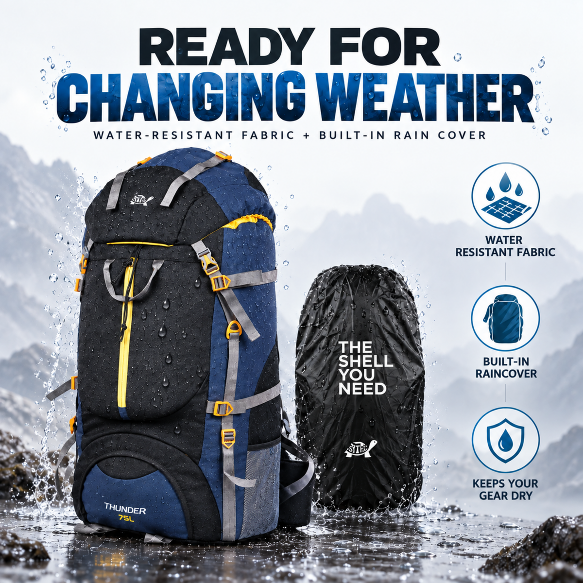 Thunder 75L Rucksack for Trekking & Travel | Hiking Backpack with Rain Cover (black/blue)