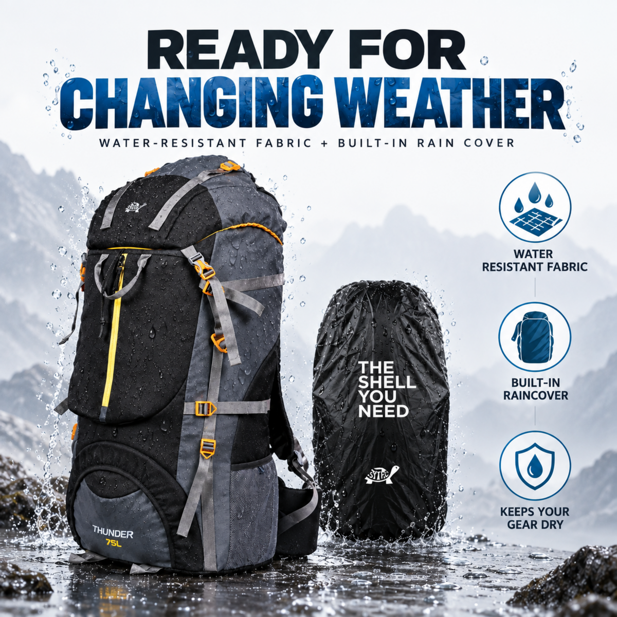 Thunder 75L Rucksack for Trekking & Travel | Hiking Backpack with Rain Cover ( gray/black)