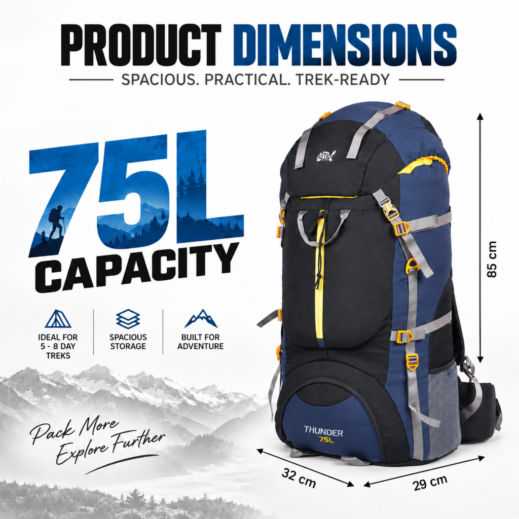 Thunder 75L Rucksack for Trekking & Travel | Hiking Backpack with Rain Cover (black/blue)