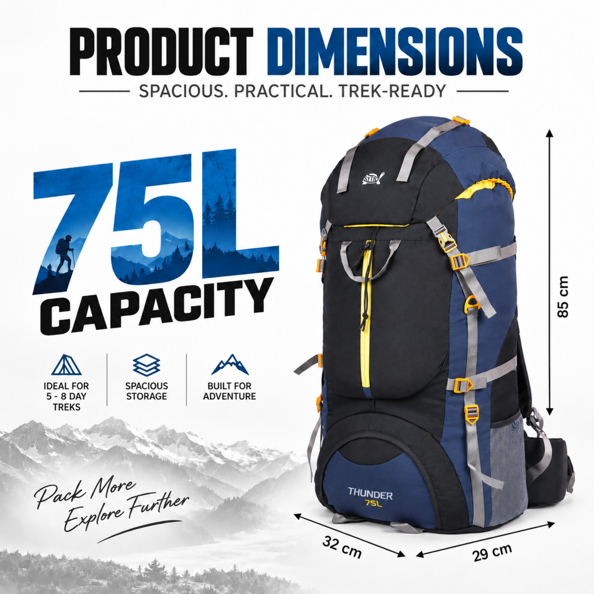 Thunder 75L Rucksack for Trekking & Travel | Hiking Backpack with Rain Cover (black/blue)