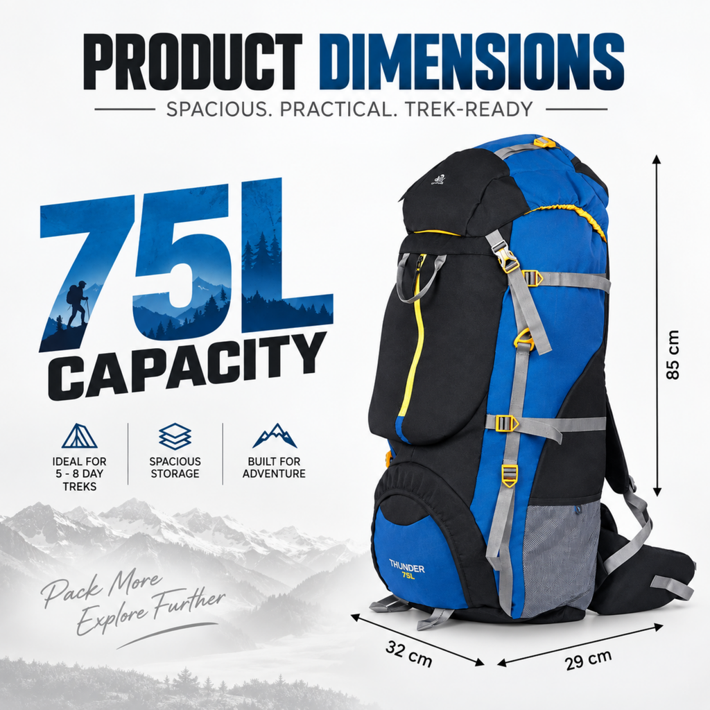 Thunder 75L Rucksack for Trekking &amp; Travel | Hiking Backpack with Rain Cover (black/teal blue)
