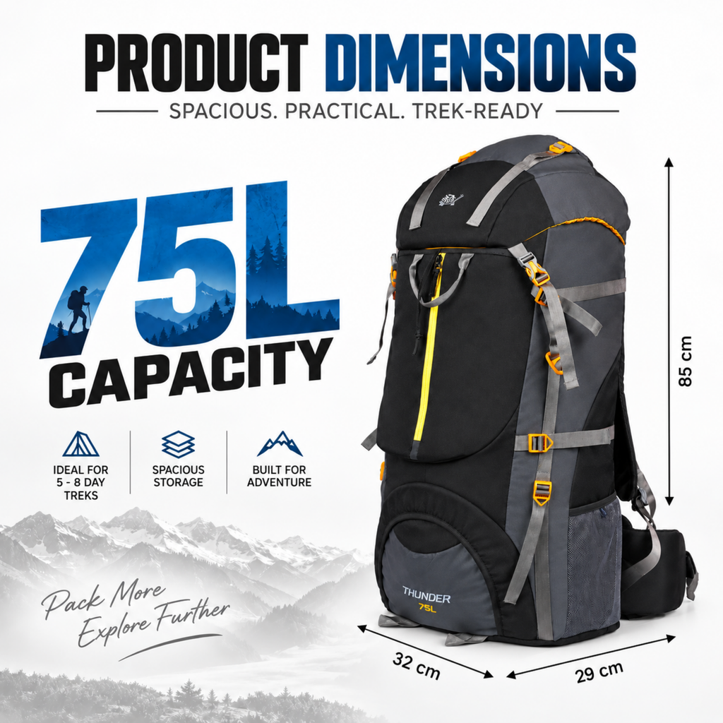 Thunder 75L Rucksack for Trekking & Travel | Hiking Backpack with Rain Cover ( gray/black)