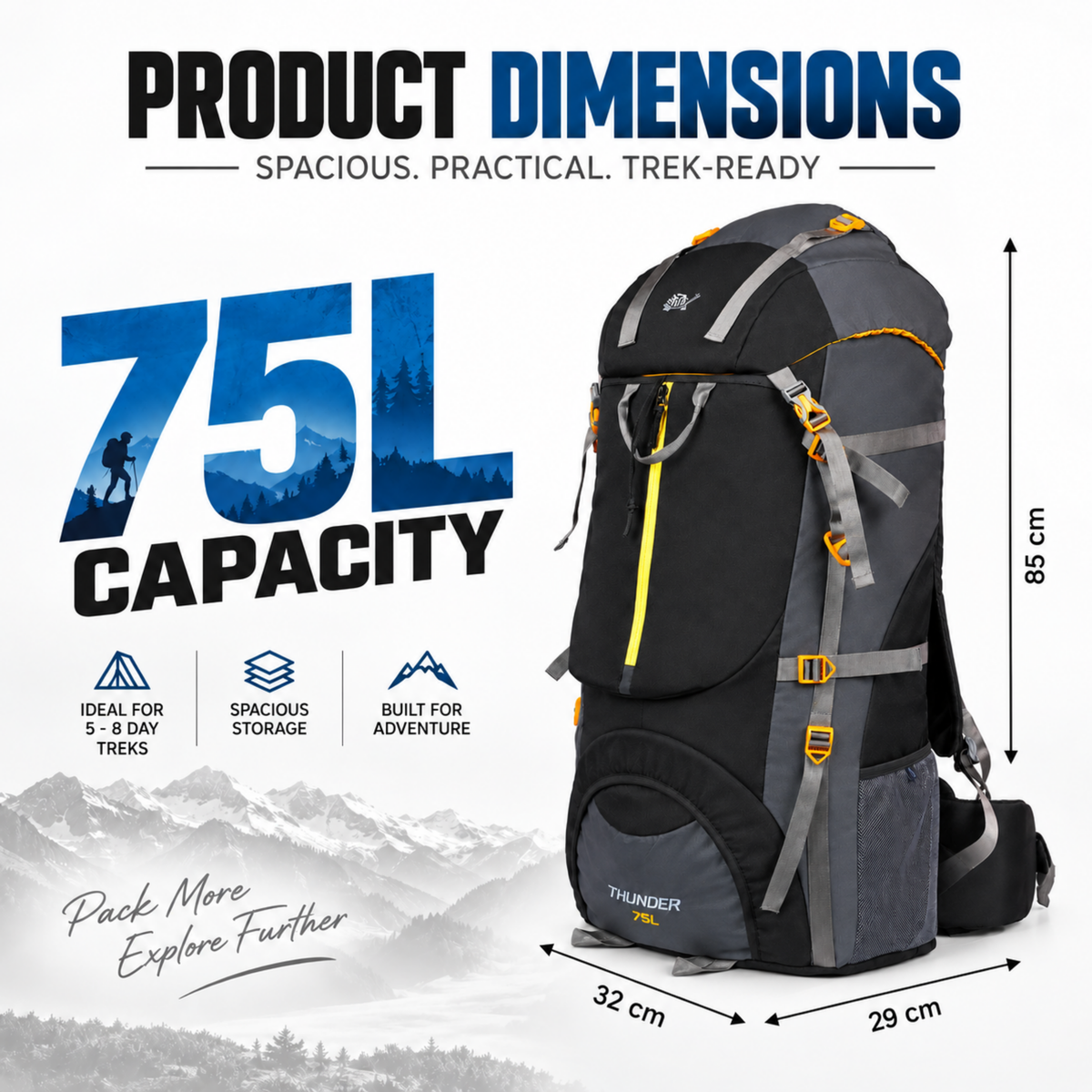 Thunder 75L Rucksack for Trekking & Travel | Hiking Backpack with Rain Cover ( gray/black)