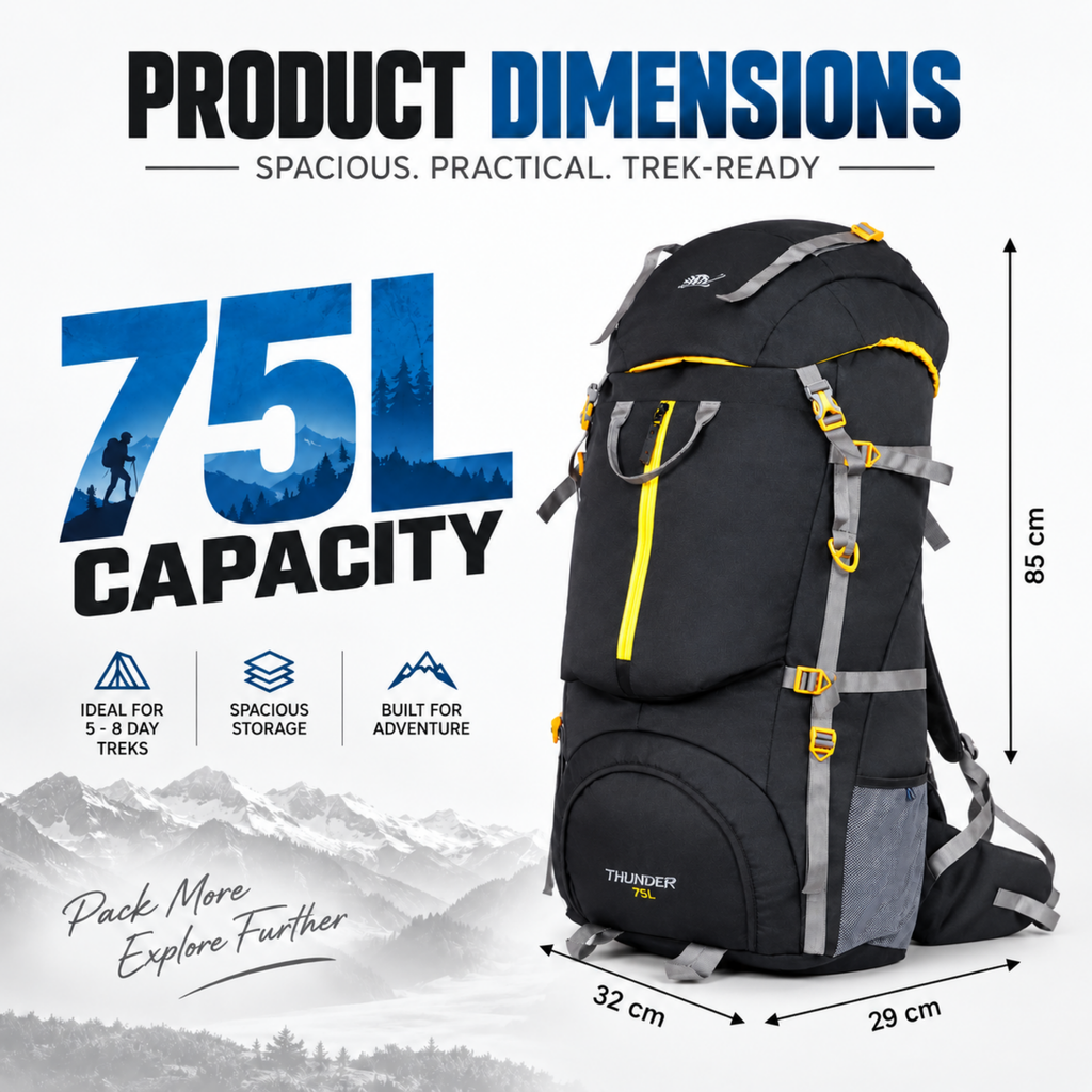 Thunder 75L Rucksack for Trekking & Travel | Hiking Backpack with Rain Cover (black)