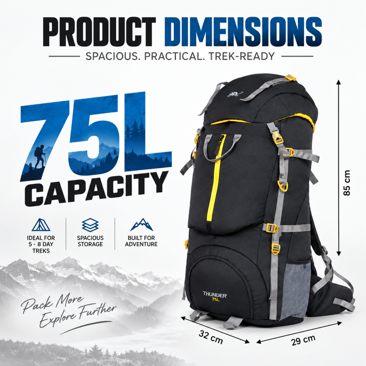 Thunder 75L Rucksack for Trekking & Travel | Hiking Backpack with Rain Cover (black)