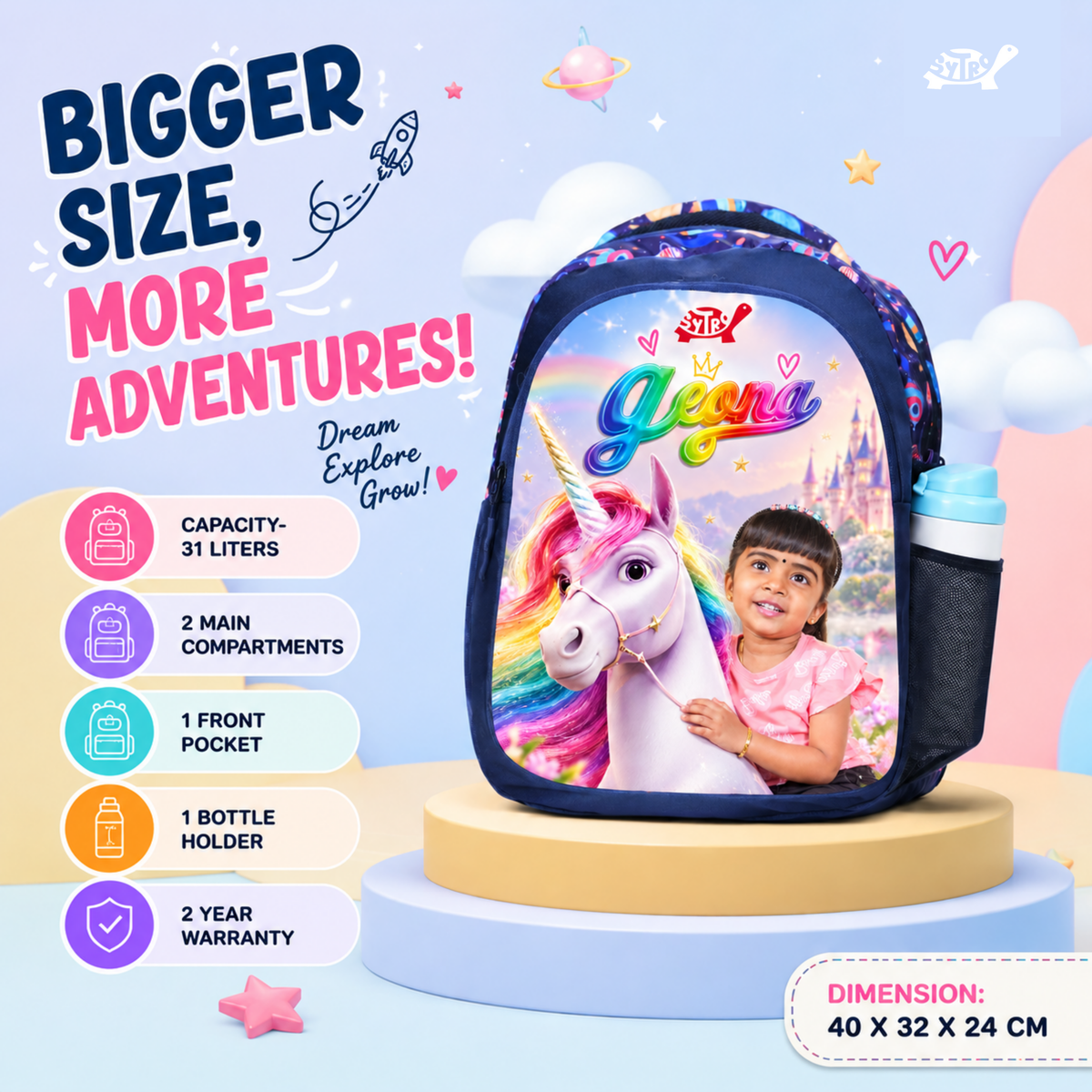 Unicorn Rider School Combo — 31L Bag + Lunch Bag + Pencil Pouch