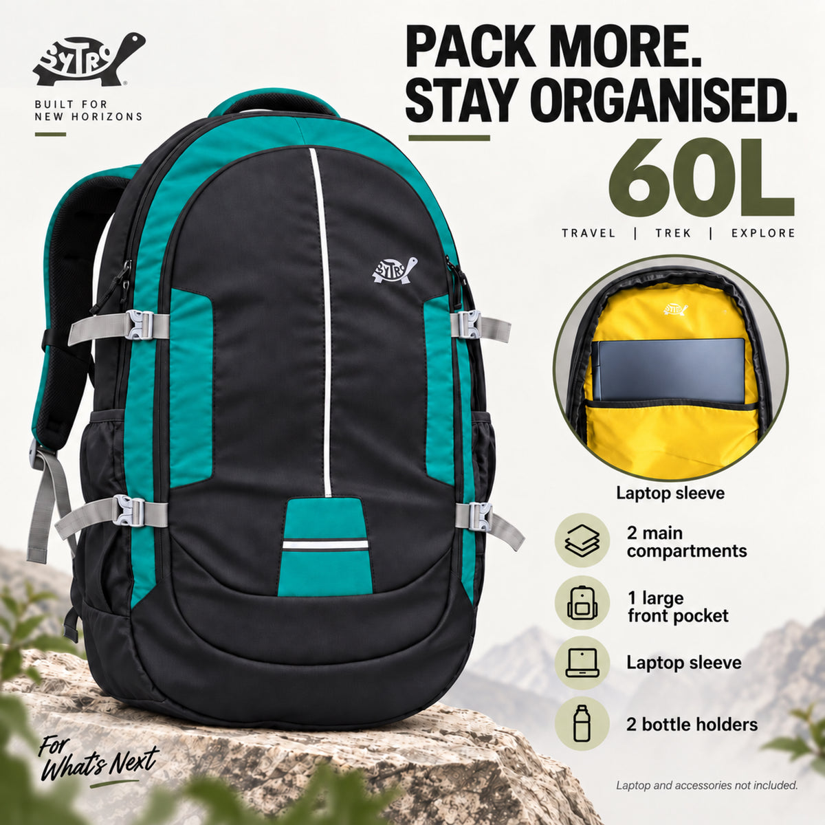 SYTRO Camo 60L Trekking & Travel Backpack with Laptop Sleeve, Water-Resistant teal green