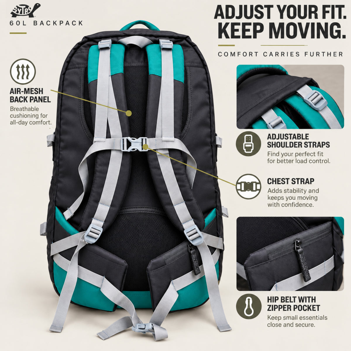 SYTRO Camo 60L Trekking & Travel Backpack with Laptop Sleeve, Water-Resistant teal green