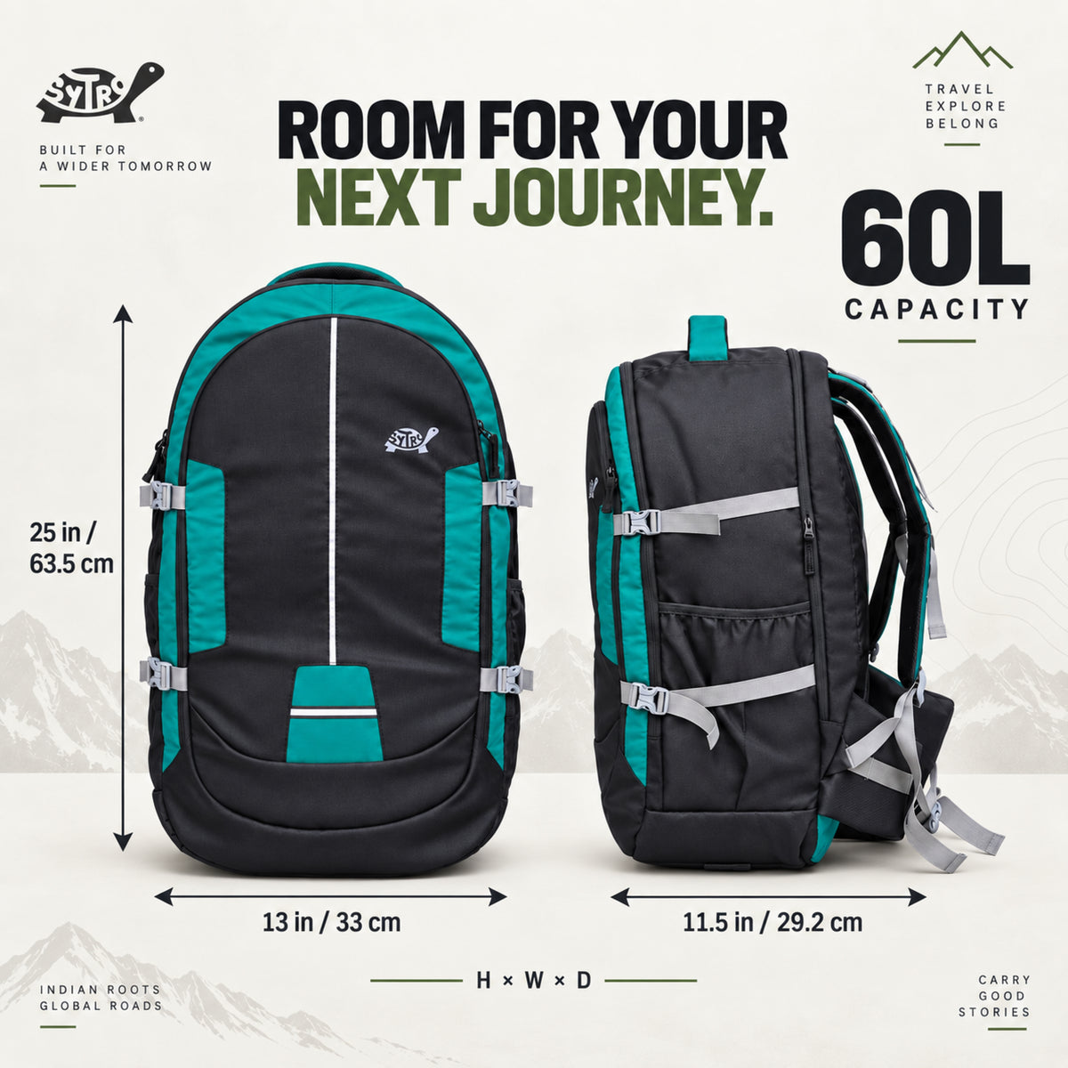 SYTRO Camo 60L Trekking & Travel Backpack with Laptop Sleeve, Water-Resistant teal green