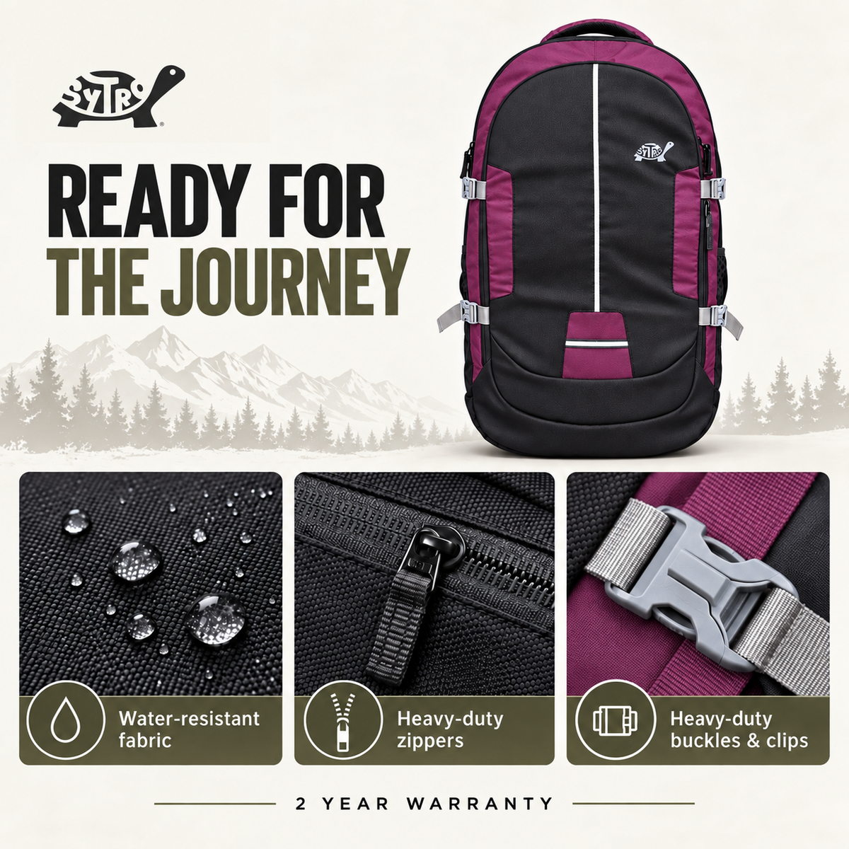 SYTRO Camo 60L Trekking & Travel Backpack with Laptop Sleeve, Water-Resistant Magenta