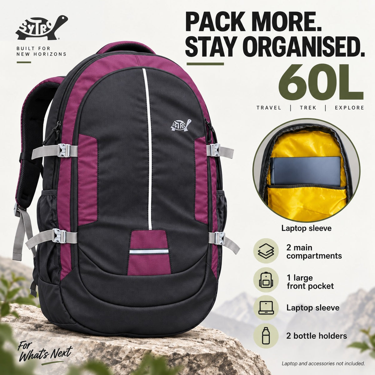 SYTRO Camo 60L Trekking & Travel Backpack with Laptop Sleeve, Water-Resistant Magenta