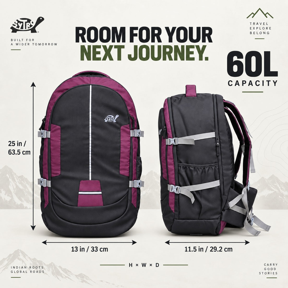 SYTRO Camo 60L Trekking & Travel Backpack with Laptop Sleeve, Water-Resistant Magenta