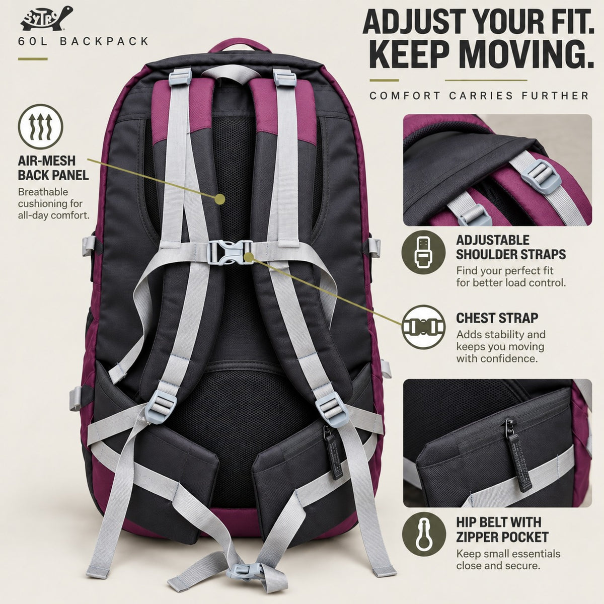 SYTRO Camo 60L Trekking & Travel Backpack with Laptop Sleeve, Water-Resistant Magenta