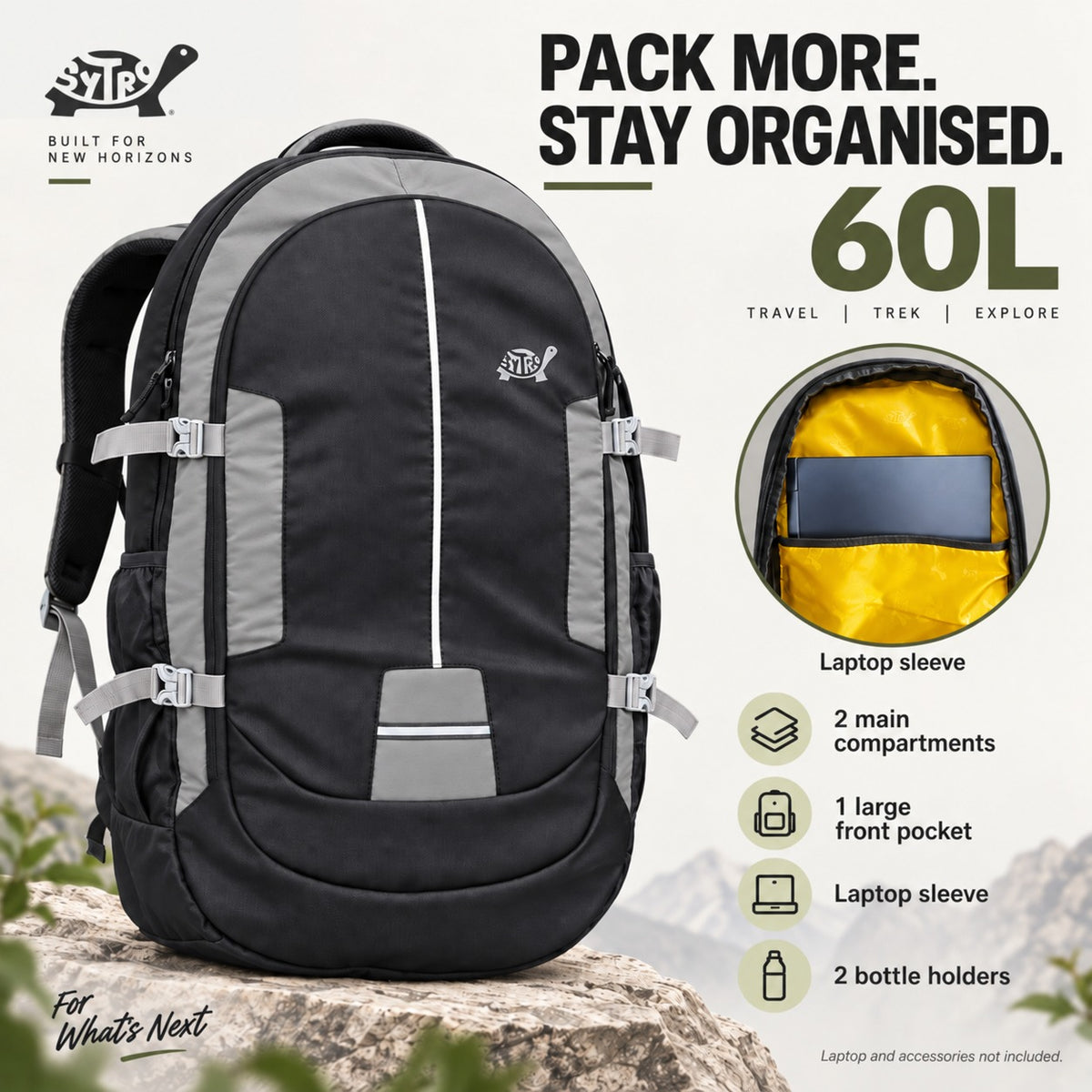 SYTRO Camo 60L Trekking & Travel Backpack with Laptop Sleeve, Water-Resistant GRAY