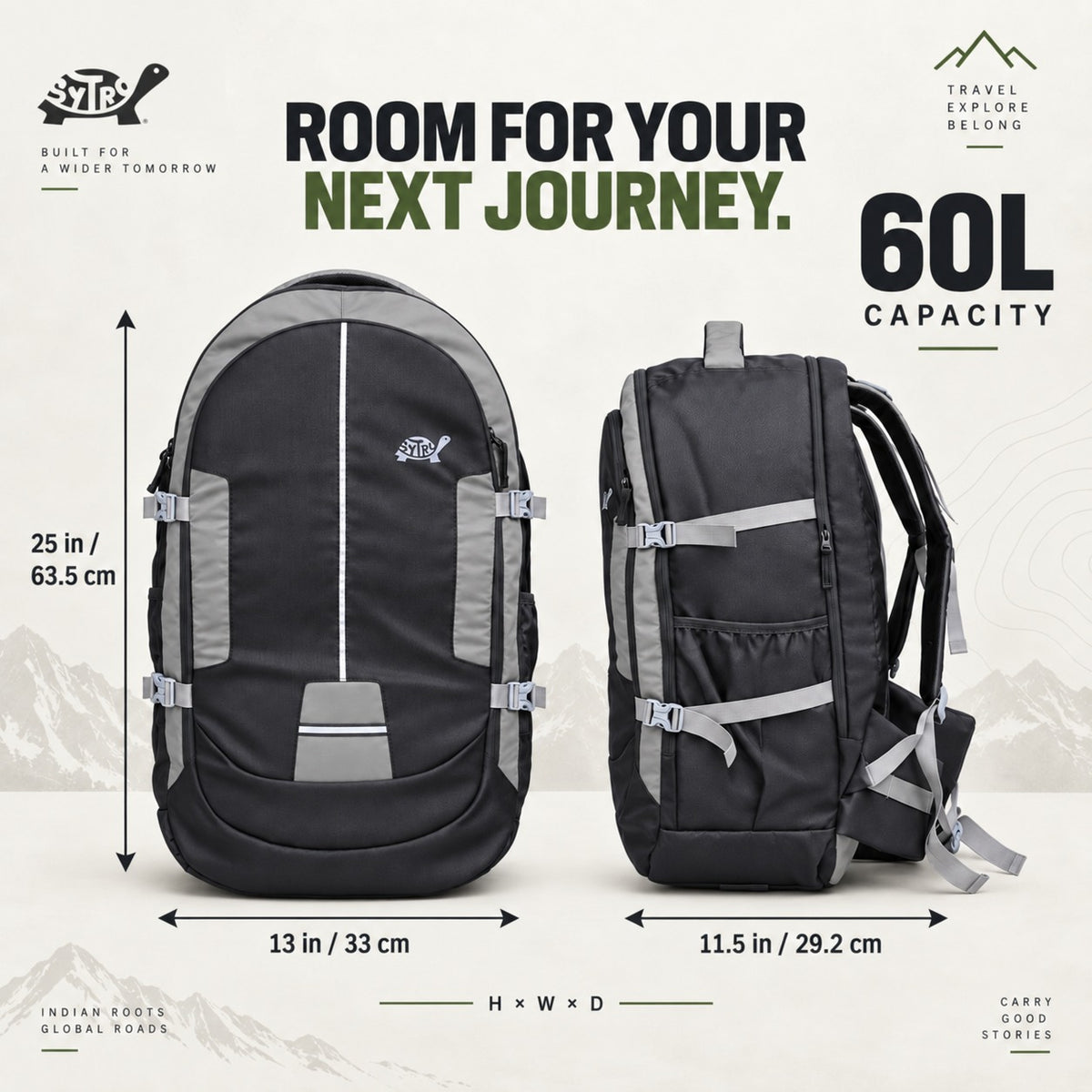 SYTRO Camo 60L Trekking & Travel Backpack with Laptop Sleeve, Water-Resistant GRAY