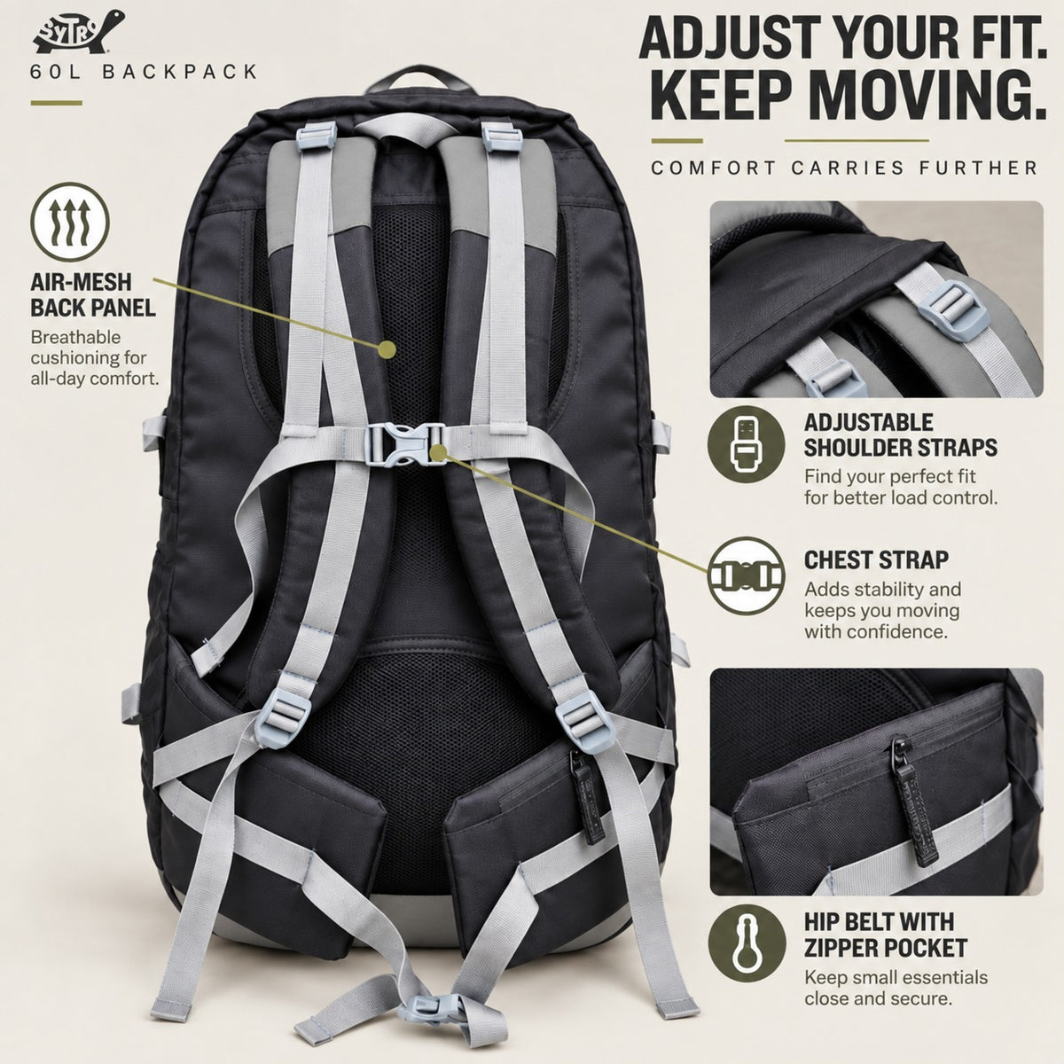 SYTRO Camo 60L Trekking & Travel Backpack with Laptop Sleeve, Water-Resistant GRAY